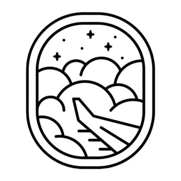 Airplane, Window, Clouds, Stars, Black, White, Sticker